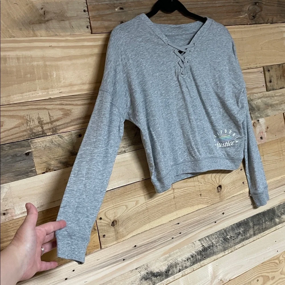 Justice Active size 10 Gray Long Sleeve Soft Lace-up Stretchy T-Shirt with Logo